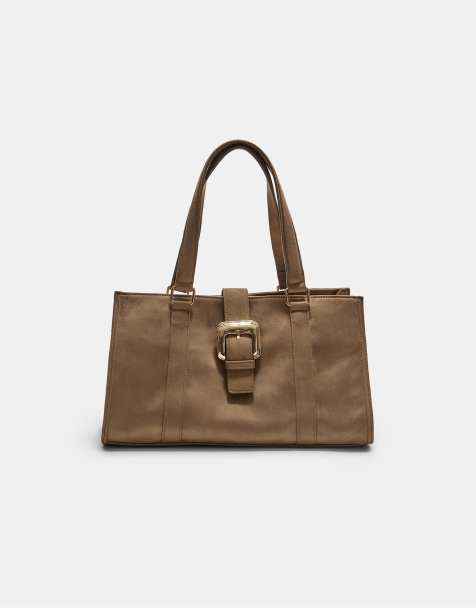 Stradivarius - Beige tote-taske med spænde i imiteret ruskind - view 1