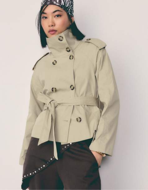 Stradivarius – Beige trenchcoat med hög krage och skärp - view 1