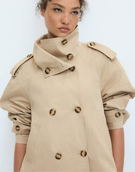 Stradivarius – Beige trenchcoat med hög krage och skärp, 4 av 4