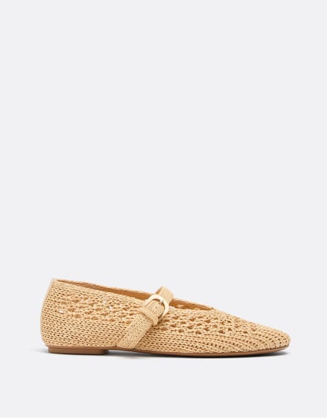 Stradivarius – Beige, virkade ballerinaskor med remmar - view 1