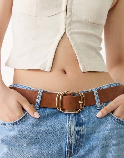 Stradivarius belt with gold layered buckle in light brown - view 1