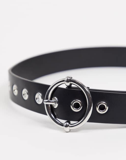 Stradivarius belt with round buckle in black, 3 of 4