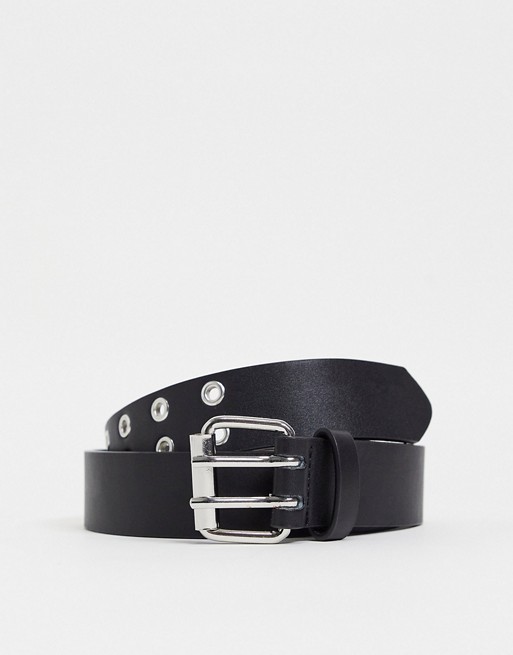 Stradivarius belt with eyelet detail and square buckle in black