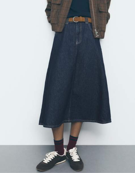 Stradivarius Belted denim maxi skirt in rinse blue denim