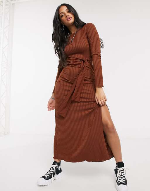 Stradivarius belted knit dress with split detail in brown | ASOS