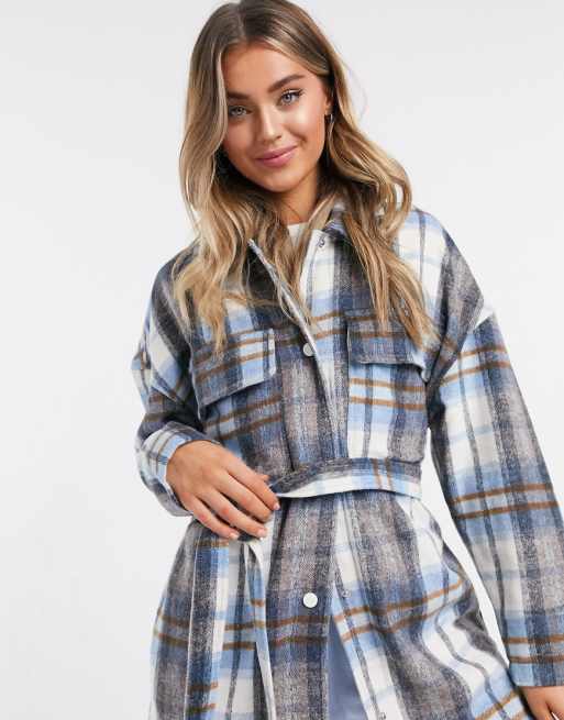 Stradivarius belted overshirt shacket in blue plaid | ASOS