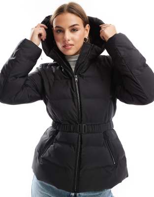 belted padded jacket with hood in black