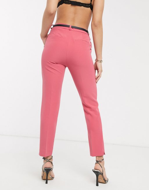 Stradivarius belted tailored pants in pink