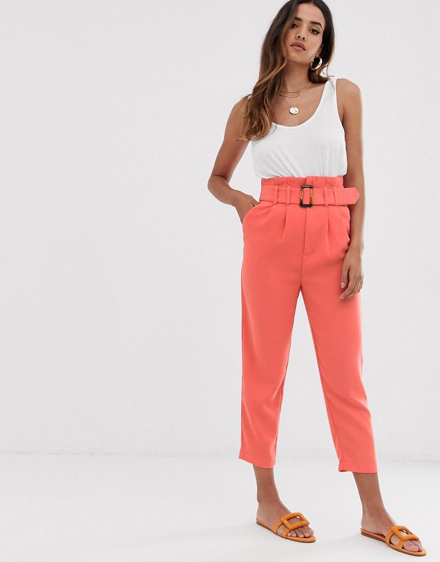Stradivarius belted tailored trousers in coral-Orange