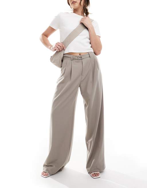Stradivarius belted tailored wide leg pants in beige