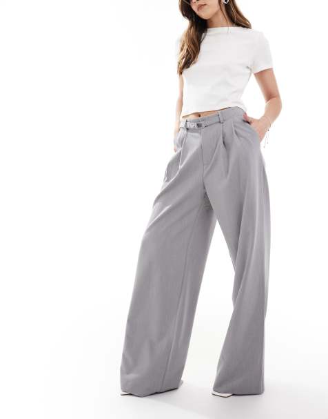 Stradivarius belted tailored wide leg trouser in grey - view 1