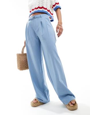 Stradivarius Belted Wide Leg Pants In Blue