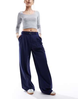 Stradivarius Belted Wide Leg Pants In Navy