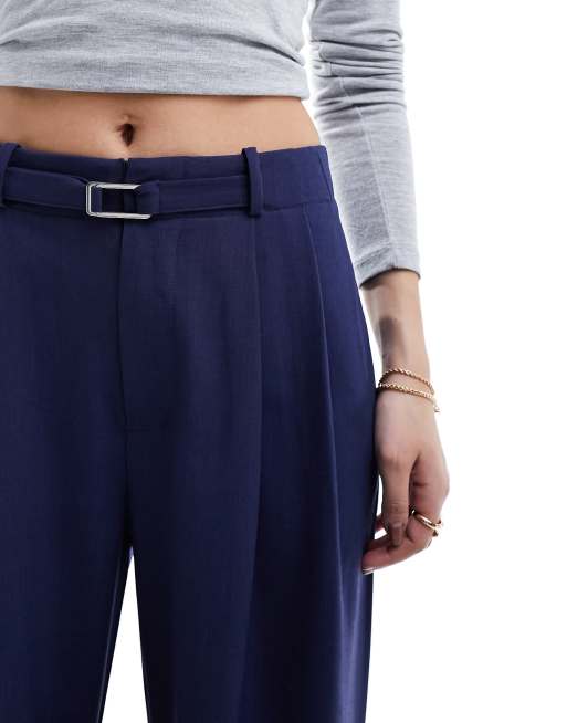 Stradivarius belted wide leg pants in navy ASOS