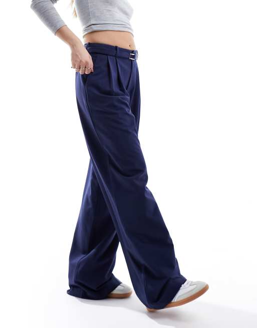 Stradivarius belted wide leg pants in navy | ASOS