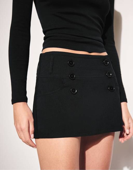 Stradivarius Bengaline button mini skirt in black, 4 of 7