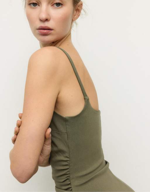 Stradivarius Bengaline midi dress with square neckline in khaki, 2 of 4