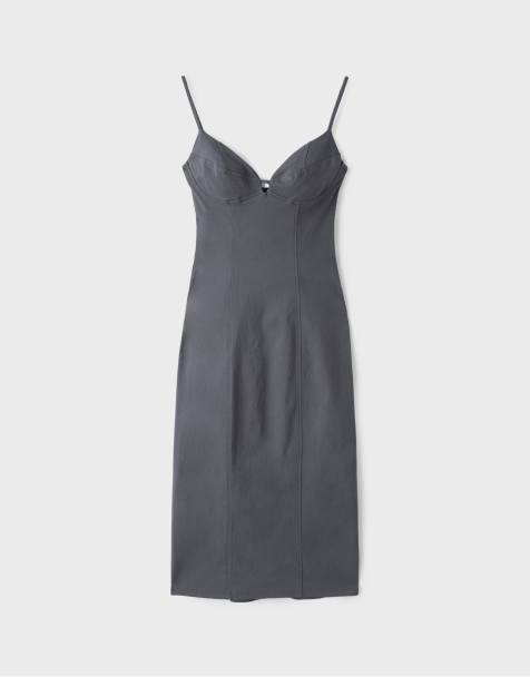 Stradivarius Bengaline midi dress with straps in dark grey - view 1