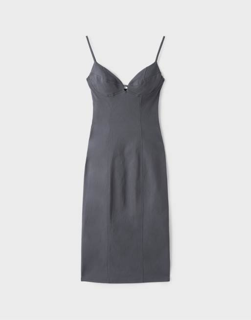 Stradivarius bengaline midi-jurk met bandjes in donkergrijs, 6 van 7