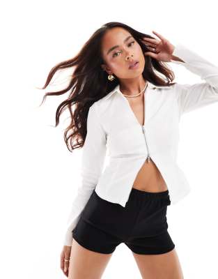 stradivarius bengaline zipper front shirt in white
