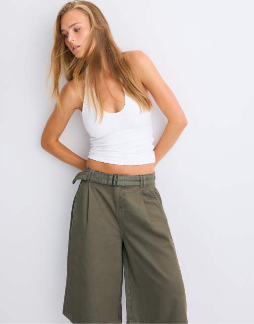 Stradivarius bermuda baggy avec ceinture en kaki, 5 de 7