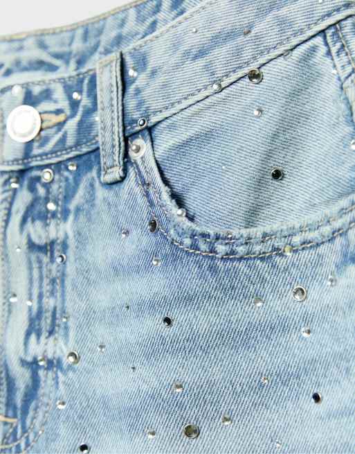 Stradivarius - Bermuda en jean à strass - Bleu moyen clair, 4 de 4