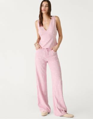 Stradivarius - Bestickte Hose in Pastellrosa mit Leinenanteil und geradem Schnitt