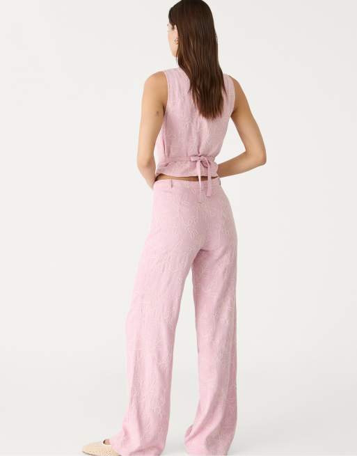 Stradivarius – Bestickte Hose in Pastellrosa mit Leinenanteil und geradem Schnitt, 2 von 4