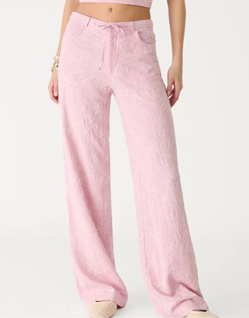 Stradivarius – Bestickte Hose in Pastellrosa mit Leinenanteil und geradem Schnitt, 4 von 4