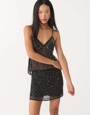 Stradivarius - Bestickter Mini-Skort in Schwarz