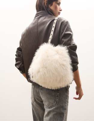 Stradivarius - Beuteltasche aus Kunstpelz in Ecru mit Kettenriemen-Weiß