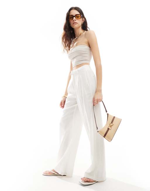 Stradivarius – Beżowy prążkowany top bandeau z odwijaną górą