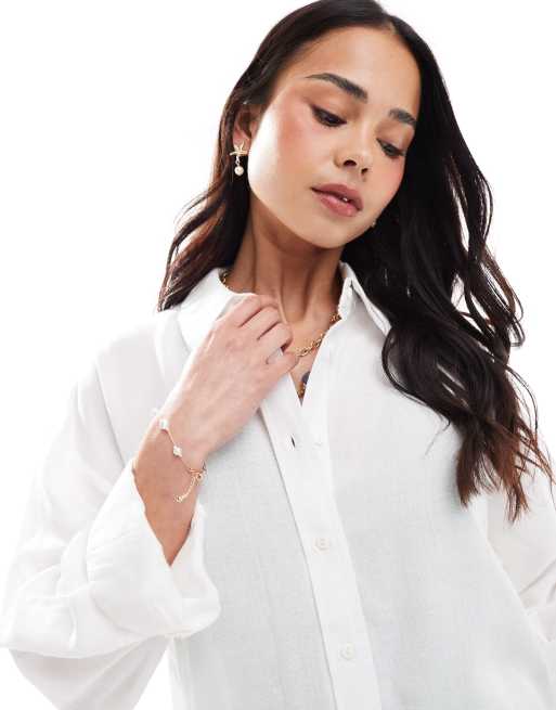 Stradivarius – Biała koszula oversize z długimi rękawami o wyglądzie lnu, 3 z 4