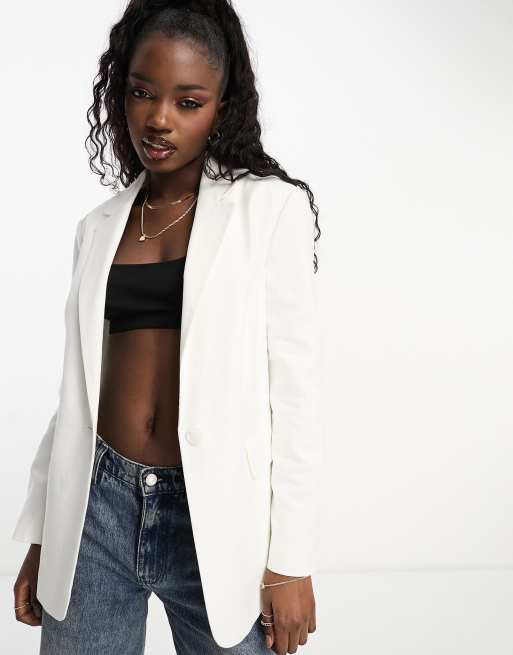 Stradivarius – Biała lniana marynarka oversize