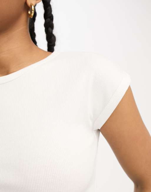 Stradivarius – Biała obcisła koszulka z prążkowanego materiału, 3 z 4