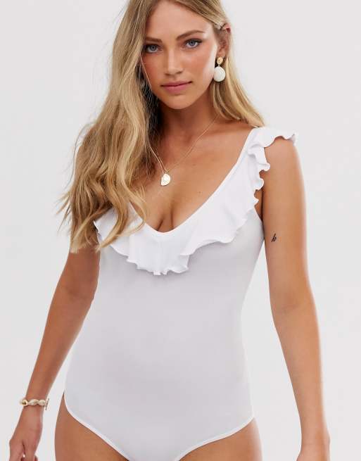 Stradivarius – Białe body z falbanką, 3 z 4