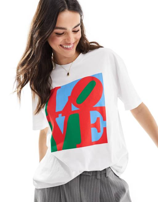 Stradivarius – Biały T-shirt oversize z napisem Love