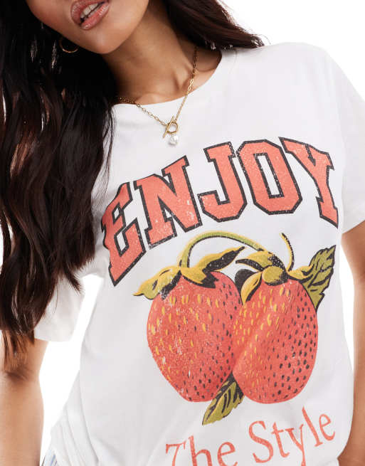 Stradivarius – Biały T-shirt z grafiką truskawki i napisem Enjoy, 3 z 4