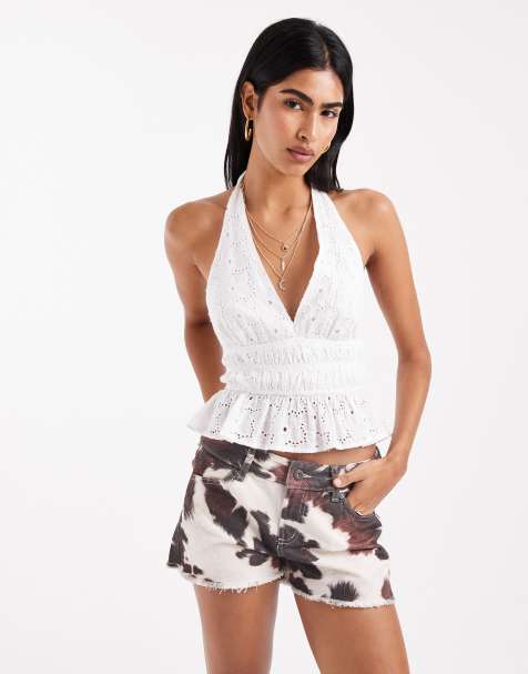 Stradivarius broidery detail halter top in white