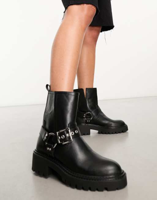 Black triple strap buckle biker clearance boot