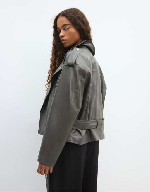 Stradivarius bikerjack met leerlook en riem in donkergrijs, 3 van 7
