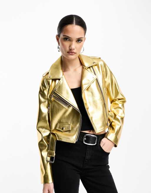 Stradivarius - Bikerjack van imitatieleer in goud