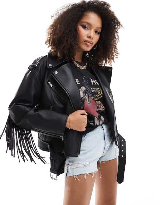 Stradivarius - Bikerjack van imitatieleer met kwastjes in zwart