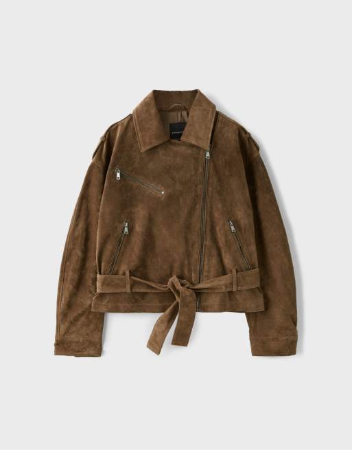 Stradivarius bikerjacka i läder i brunt, 6 av 7