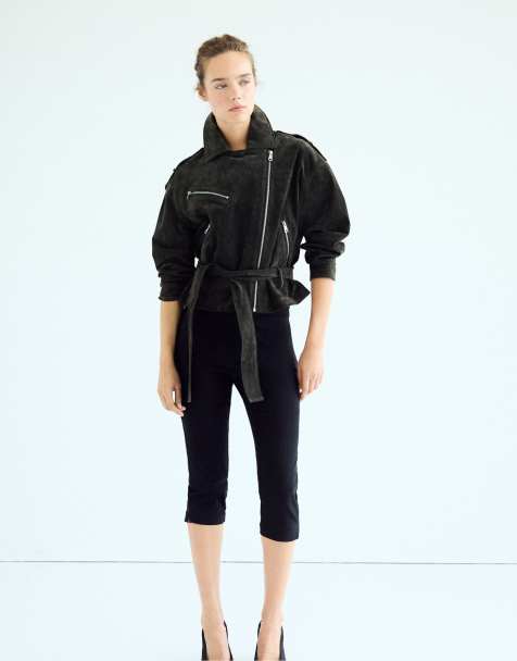 Stradivarius Bikerjacke aus 100 % Leder in Dunkelgrau - view 1