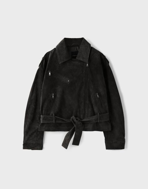 Stradivarius Bikerjacke aus 100 % Leder in Dunkelgrau, 6 von 7