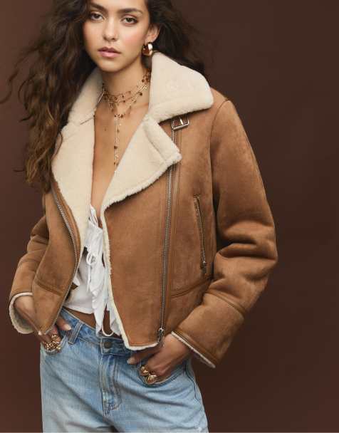 Stradivarius – Bikerjacke aus Wildlederimitat in Camel - view 1