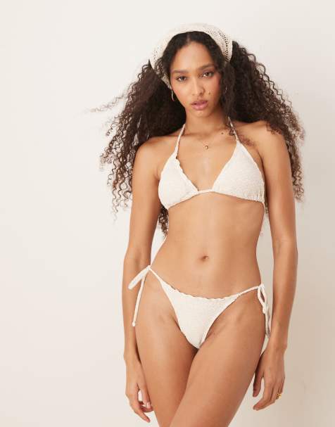 Stradivarius – Bikinioberteil mit Häkel-Design in Weiß - view 1