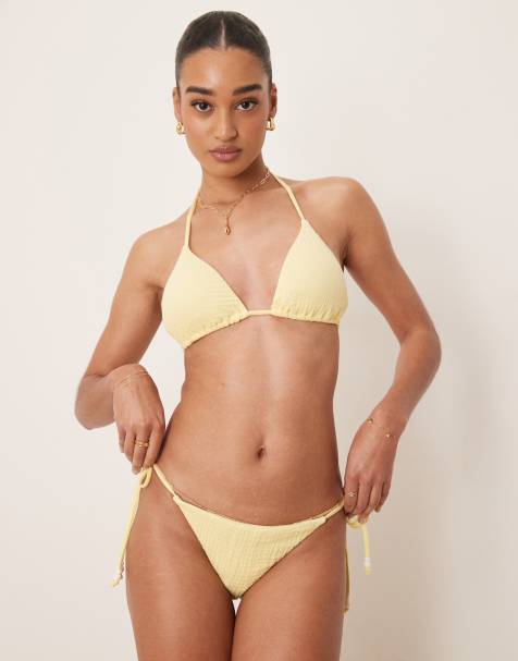 Stradivarius - Bikinitopje en broekje van kreukelstof in geel - view 1