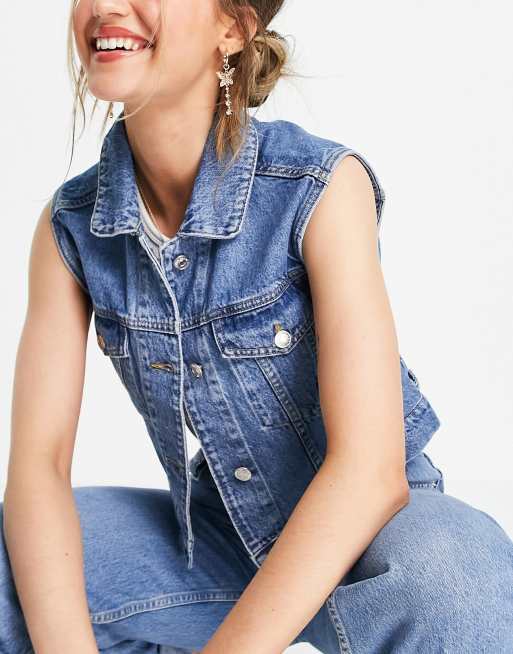 Stradivarius – Blå, ärmlös jeansjacka i ekologisk bomull och kort design - MBLÅ, 3 av 4